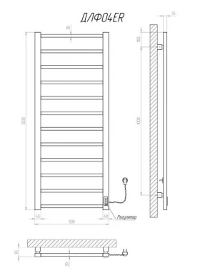 Розміри Сушка для рушників електрична стаціонарна 500 x 1200 мм Kosser Лофт Д40х25 чорна права ДЛФ04ER фото № 1