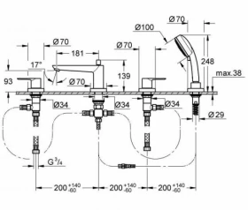 Размеры Смеситель на три отверстия для ванны GROHE BauLoop хром 2511900A фото № 1