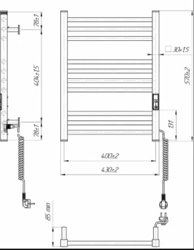 Розміри Електрична сушка для рушників 430 x 570 мм Hygge Family Derby Д30 чорна права HF Derby 570х430 black фото № 1