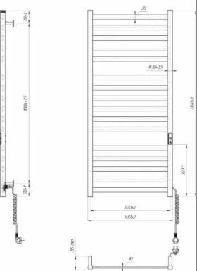 Розміри Сушка для рушників електрична 530 х 1170 мм Hygge Family York Д30 чорна права HF York 1170х530 black фото № 1