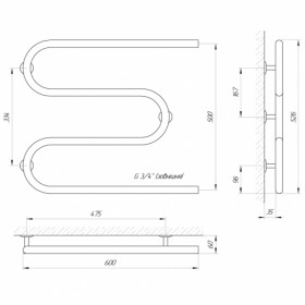 Размеры Полотенцесушитель водяной с межосевым расстоянием 50 см 600х500 LARIS РС3 Змеевик Хром 25 НР 3/4 д 71207175 фото № 1