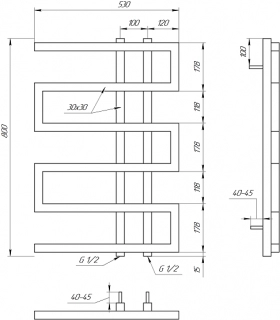 Размеры Полотенцесушитель водяной 530 х 800 мм Genesis Aqua DUAL ВР 1/2 дюйма Д30 черный 56001 фото № 1