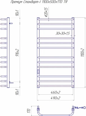 Размеры Электро полотенцесушитель высотой 100 см 490х1100 Mario Премиум Стандарт Хром 30x20 Левый 4820111356140 фото № 1