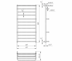 Размеры Полотенцесушитель водяной высокий 630х1200 Mario Люксор Хром 30x20 ВР 1/2 д 4820111353309 фото № 1