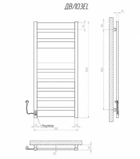 Размеры Полотенцесушитель электрический 500 х 1200 мм Kosser Волз Д40х25 черный левый ДВЛ03EL фото № 1