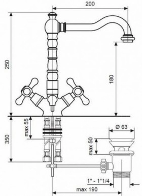 Размеры Кран смеситель с длиной излива 20 см для раковины Emmevi DECO умыв L-200 СR12613 хром фото № 1