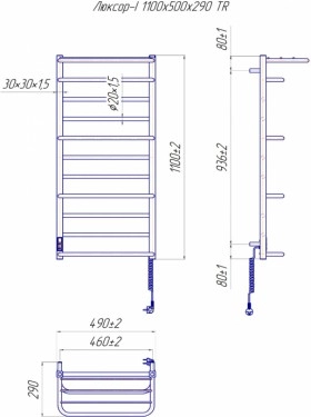 Розміри Електро полотенцесушитель драбинка 490х1100 Mario Люксор Хром 30x20 Правий 4820111355846 фото № 1