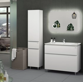 В интерьере набор мебели для ванной комнаты 100 см с гладкими фасадами санверк амата 25570-25560 №1 фото № 1