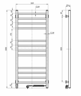 Размеры Полотенцесушитель электрический с регулятором 500 x 1200 мм Navin Loft Д30 белый правый 12-143053-5012 фото № 1