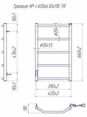 Размеры Электро полотенцесушитель 420х660 Mario Трапеция Хром Правый 30x20 4820111355501 фото № 1