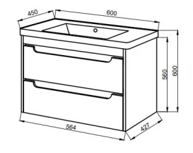 Размеры Умывальник с тумбой с доводчиками плавного закрывания ящиков 60 см шириной Юввис Valencia NEW с умывальником Канте ТП-2 Д 60 Канте фото № 1