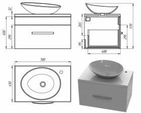 Размеры Горизонтальный умывальник с тумбой 70 см Snail Мадлен с умывальником Лотос 700KM173 фото № 1