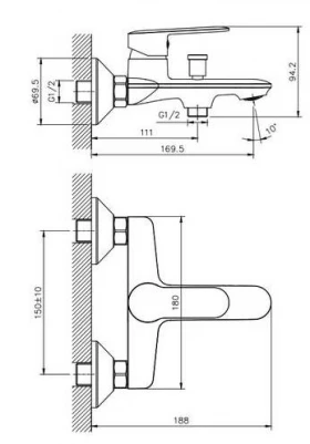 Размеры Современный смеситель для ванны Koller Pool LINE хром LN0100 фото № 1