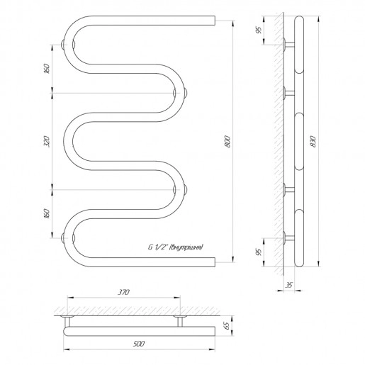 Размеры Полотенцесушитель водяной с основной трубой 30 мм 500х800 LARIS РС5 Змеевик Хром 30 ВР 1/2 д 71207236