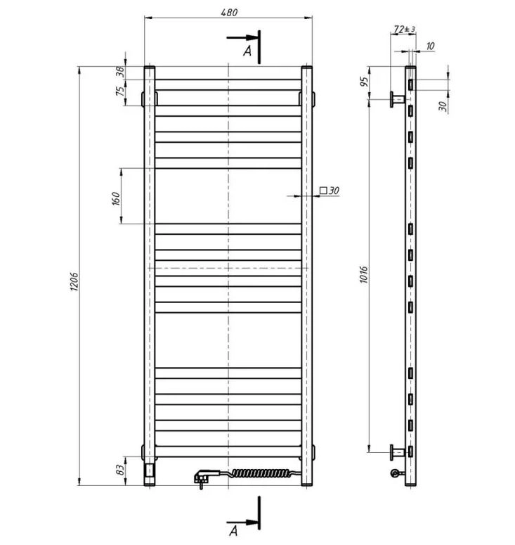 Розміри Сушка для рушників електрична 480 x 1200 мм Santan Авангард біла ліва 999-2209510263