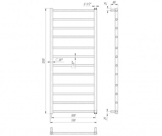 Размеры Полотенцесушитель водяной из квадратной трубы 530х1200 Mario Токио Хром 30x20 ВР 1/2 д 4820111352272