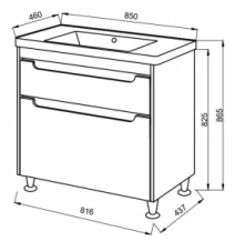 Размеры Умывальник с тумбой в серо-белом цвете 85 см шириной Юввис Valencia NEW с умывальником Трио ТНБ-2 Д 85 Trio