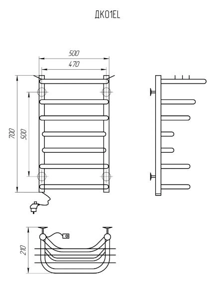 Размеры Полотенцесушитель электрический с терморегулятором на вилке 500 х 700 мм Kosser Канна Д30 черный левый ДК09EL