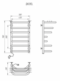 Размеры Полотенцесушитель электрический с терморегулятором на вилке 500 х 700 мм Kosser Канна Д30 черный левый ДК09EL