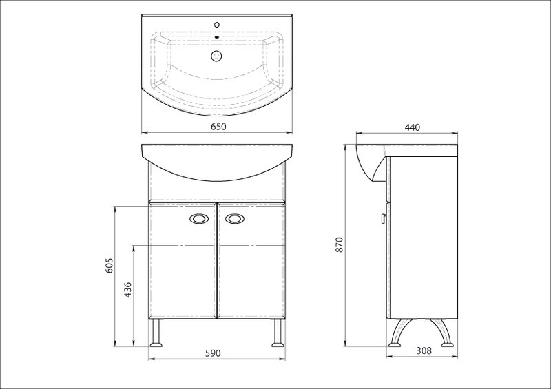Размеры Напольная тумба с раковиной для ванной 65 см ВанЛанд ЖЕМЧУГ Жт 1-65 с умывальником OMEGA