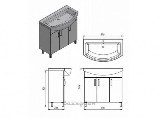 Размеры прямая тумба с раковиной в ванную 87 см ювента тренто trn-87 с умывальником витториа 87 №1