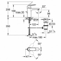 Размеры Смеситель для умывальника Grohe Eurosmart Cosmopolitan 23325000