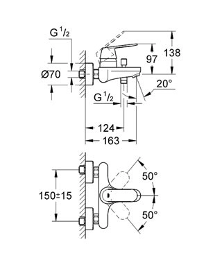 Розміри Німецький змішувач для ванної Grohe EUROSMART 32831000