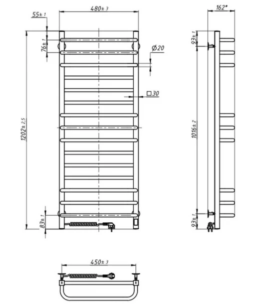 Деталі Сушка для рушників електрична з шнуром живлення і вилкою 480 x 1200 мм Navin Грандіс Д30 хром ліва 10-008153-4812