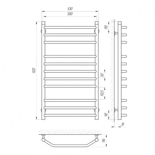 Размеры Полотенцесушитель водяной с внутренней резьбой 500х900 LARIS П11 Виктория Хром 30x20 ВР 1/2 д 71207051