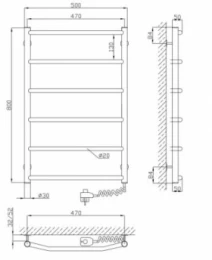 Размеры Полотенцесушитель электрический с перекладинами трапеция 500 х 800 мм Kosser Трапеция Электро хром Д30 правый ДТ10ER