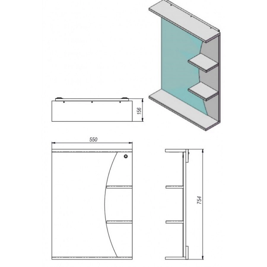 Размеры Зеркало в ванную 55 см с полками ЮВЕНТА РИО РиоЗ1-55