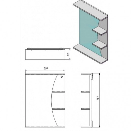 Размеры Зеркало в ванную 55 см с полками ЮВЕНТА РИО РиоЗ1-55