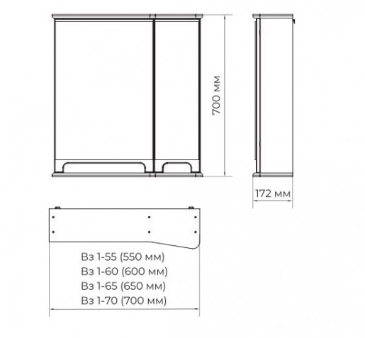 Размеры прямоугольный зеркальный шкаф для ванной 55 см ванланд венеция вз 1-55венге №2