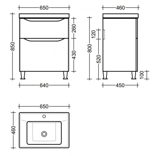 Размеры Тумба с раковиной в ванную 65 см на ножках РЕСПЕКТ Milana с умывальником Sava-65
