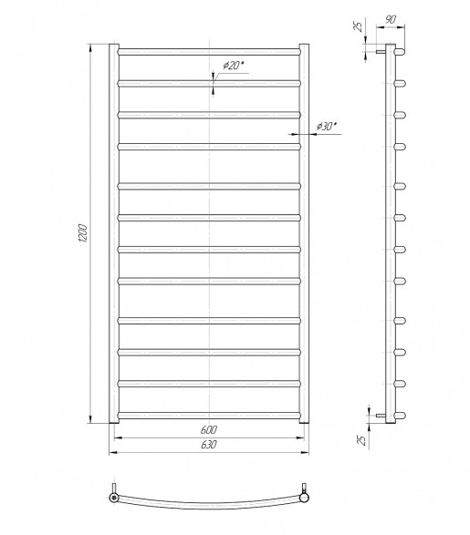 Размеры Полотенцесушитель водяной в стиле минимализм 630х1200 Mario Классик 30x20 ВР 1/2 д 4820111350032