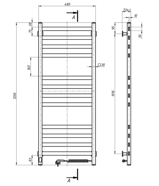 Размеры Полотенцесушитель электрический настенный 480 x 1200 мм Santan Авангард белый правый 999-2209510262