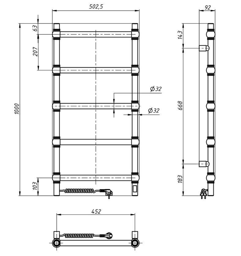 Размеры Электрический полотенцесушитель 500 х 1000 мм Navin Ретро Д32 бронза левый 10-540133-5010