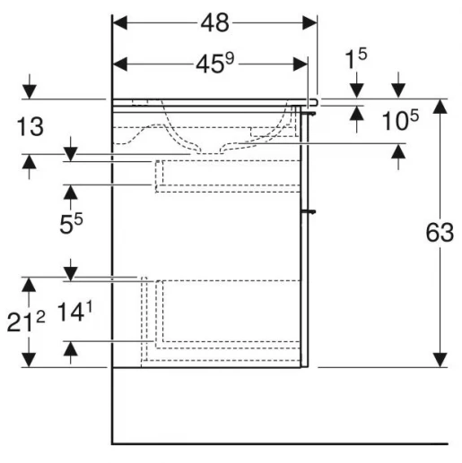 Розміри Умивальник з тумбою 60 см шириною  Geberit iCon з раковиною Slim Rim 502.335.JK.1