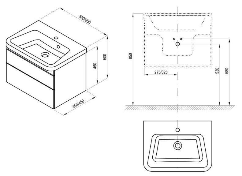 Розміри Шафка під умивальник 550 Ravak 10° X000001286