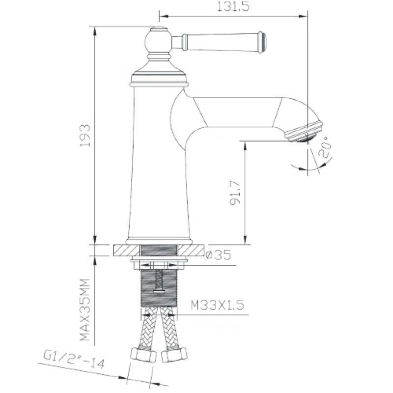 Розміри Змішувач для умивальника IMPRESE HYDRANT хром 35 мм ZMK031806010