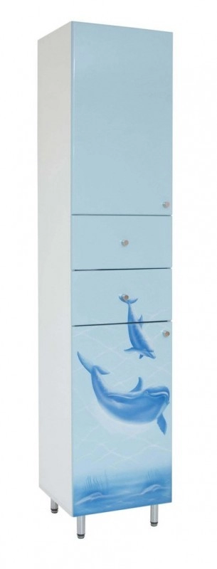 Основное Шкаф-пенал для ванной 40 см с аэрографией дельфина и с корзиной ПИК БАЗИС П03К40А ДЕЛЬФИН
