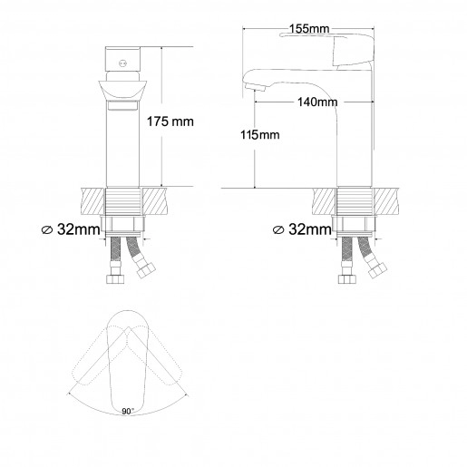 Размеры Смеситель для раковины в ванную цвет белый хром Rozzy Jenori FLY RBZ084-1W