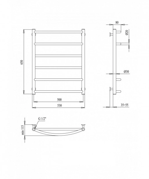 Размеры Полотенцесушитель водяной 530 х 650 мм Paladii Микс Хром 30х20 ВР 1/2 дюйма СП001