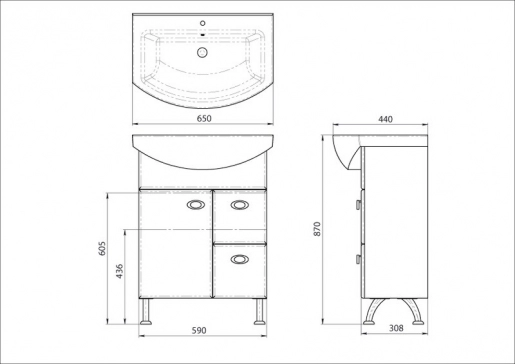 Размеры тумба с раковиной для ванной 65 см с ящиками ванланд жемчуг жт 3-65 с умывальником omega №1