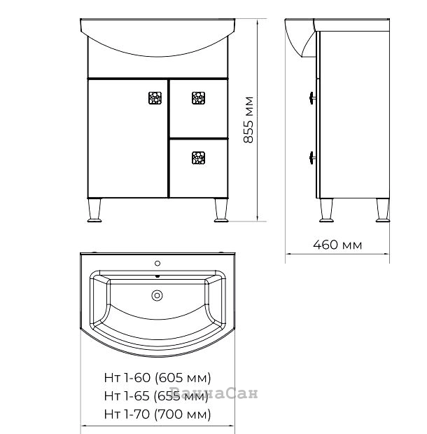 Размеры Тумба с раковиной в ванную 70 см с доводчиками ВанЛанд НЕО Нт 1-70 с раковиной Karina 70