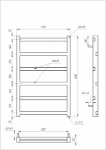 Размеры Полотенцесушитель темный водяной 530x800, Genesis-Aqua Level Черный, 30x20 ВР 1/2 д 1701