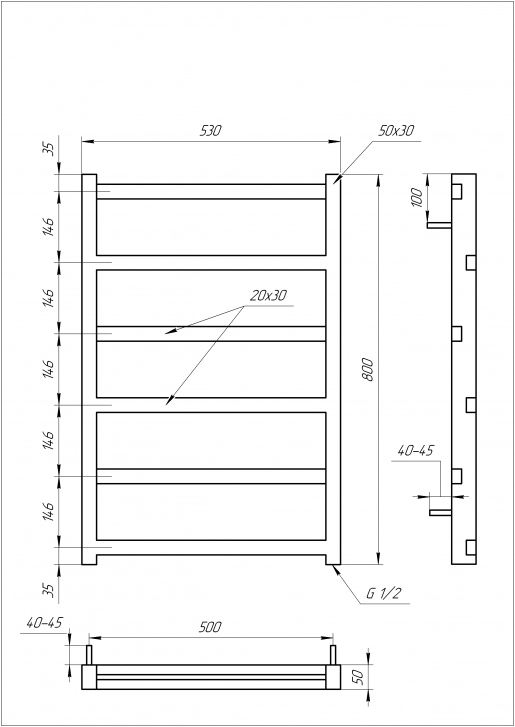 Размеры Полотенцесушитель темный водяной 530x800, Genesis-Aqua Level Черный, 30x20 ВР 1/2 д 1701