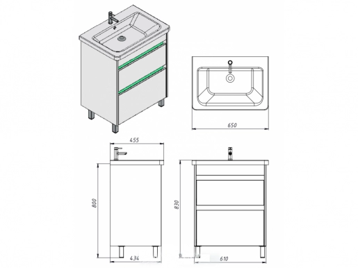 Размеры Умывальник с тумбой с цветными вставками 65 см Ювента Luton с умывальником Soft Luton-65ДВ