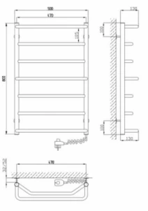 Размеры Большой полотенцесушитель электрический 500 х 800 мм Kosser Микс Электро хром Д30 правый ДМ07ER