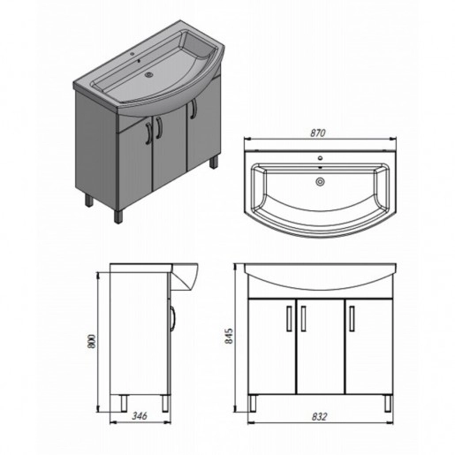 Размеры тумба с раковиной в ванную 87 см ювента тренто пленка пвх trn-87 с умывальником витториа 87 №1
